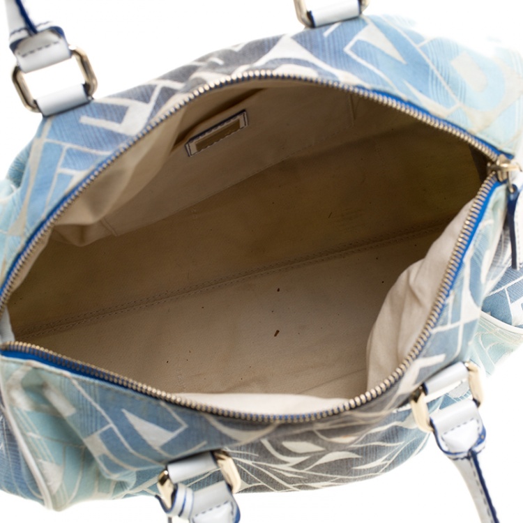 Pre Owned Fendi Blue /White Logo Print Canvas Boston Bag