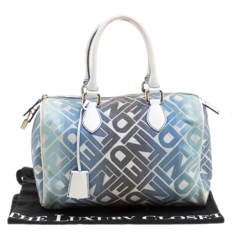 Pre Owned Fendi Blue /White Logo Print Canvas Boston Bag