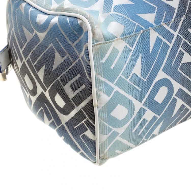 Pre Owned Fendi Blue /White Logo Print Canvas Boston Bag