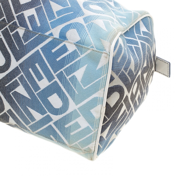 Pre Owned Fendi Blue /White Logo Print Canvas Boston Bag