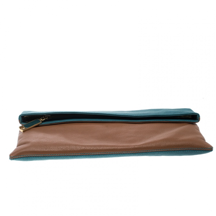 Pre Owned Fendi Brown/Green Leather Foldover Clutch