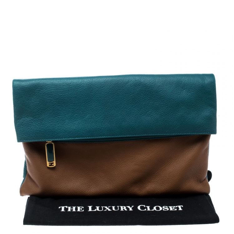 Pre Owned Fendi Brown/Green Leather Foldover Clutch