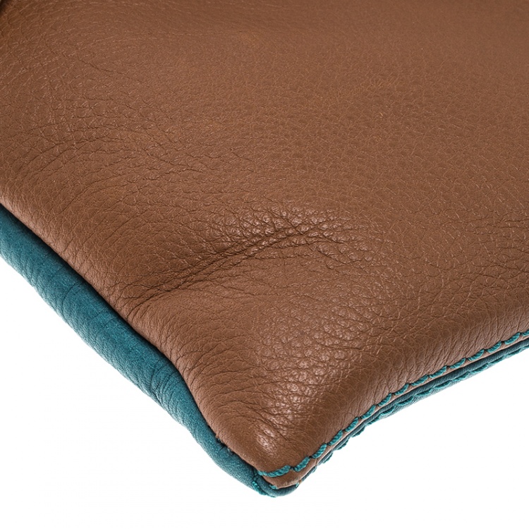 Pre Owned Fendi Brown/Green Leather Foldover Clutch