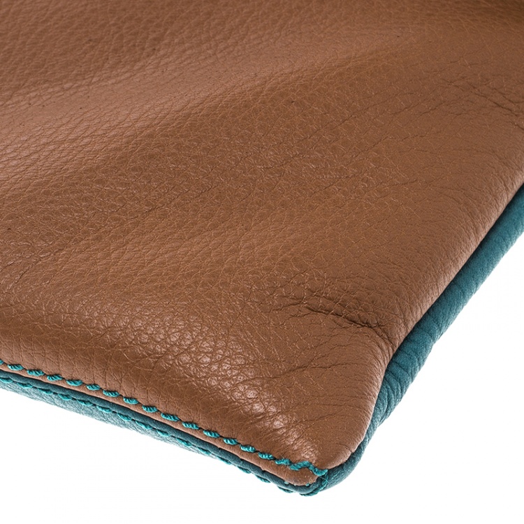 Pre Owned Fendi Brown/Green Leather Foldover Clutch