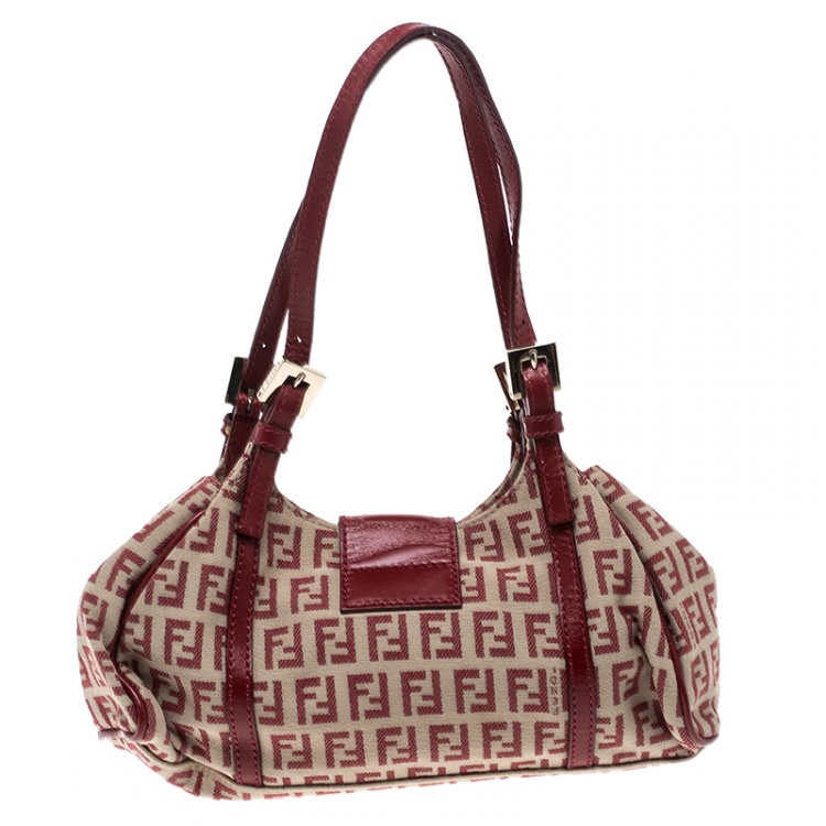 Pre Owned Fendi Beige/Red Zucchino Canvas and Leather Satchel