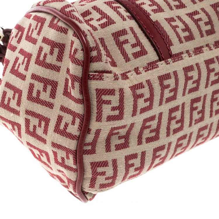 Pre Owned Fendi Beige/Red Zucchino Canvas and Leather Satchel