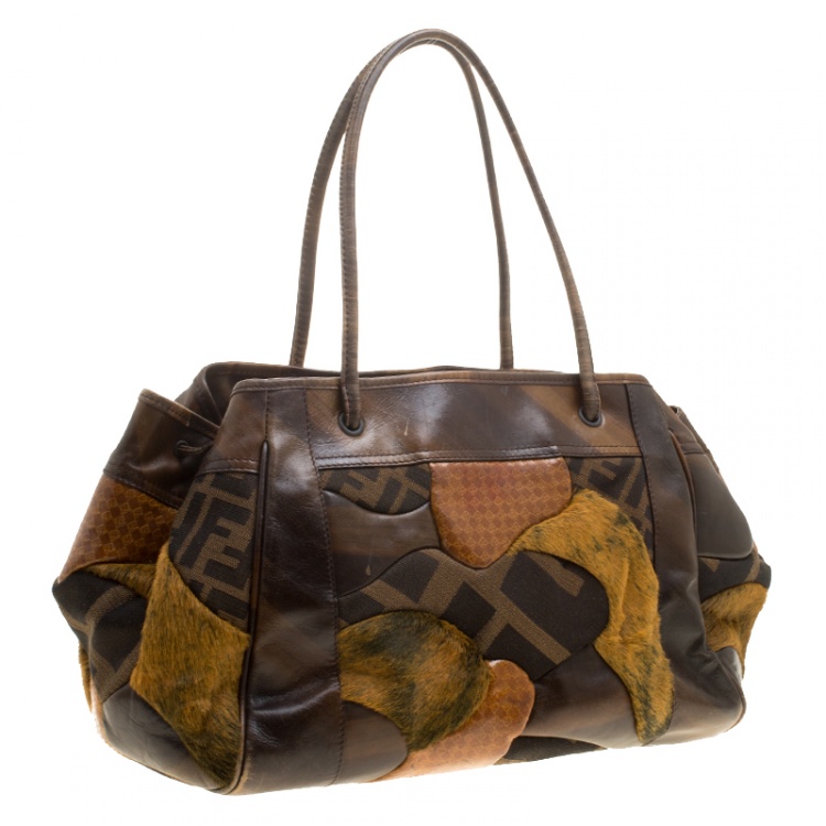 مملوكة مسبقًا Fendi Brown Zucca Canvas and Leather Patchwork Satchel