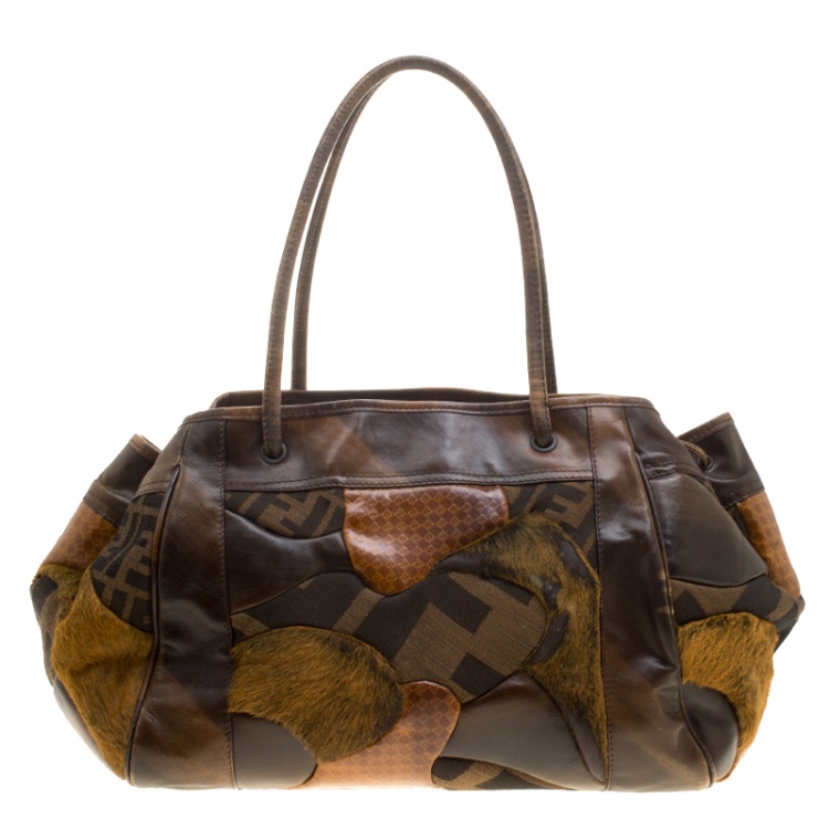 مملوكة مسبقًا Fendi Brown Zucca Canvas and Leather Patchwork Satchel