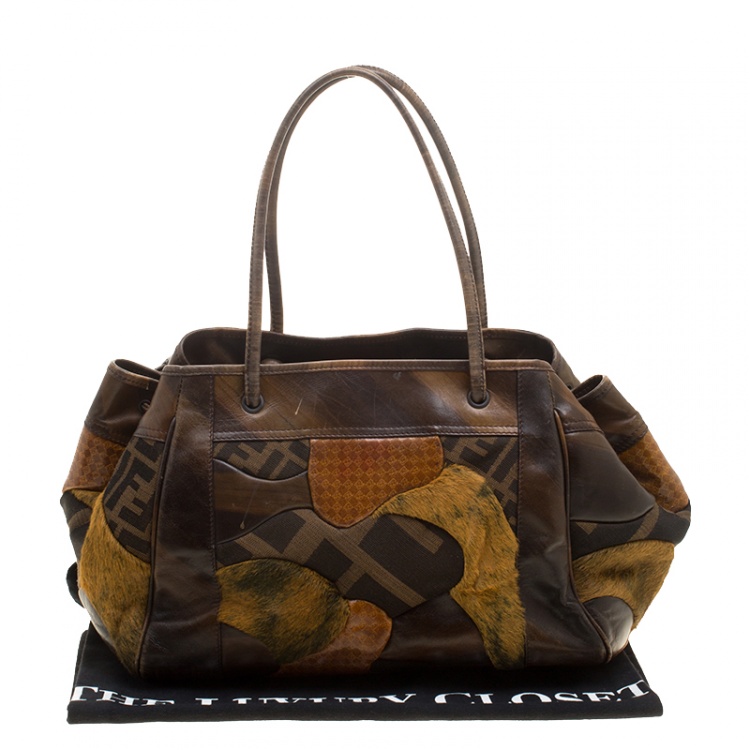 مملوكة مسبقًا Fendi Brown Zucca Canvas and Leather Patchwork Satchel
