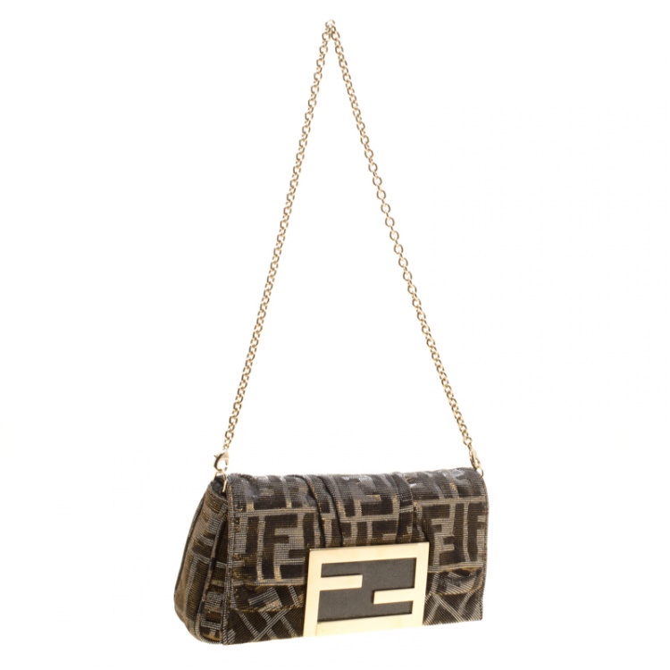 Pre Owned Fendi Metallic Zucca Glitters Baguette Chain Clutch