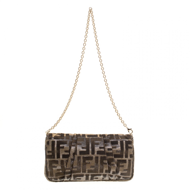 Pre Owned Fendi Metallic Zucca Glitters Baguette Chain Clutch