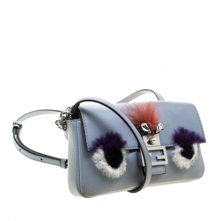 Pre Owned Fendi Light Blue Leather and Fur Trim Micro Baguette Shoulder Bag