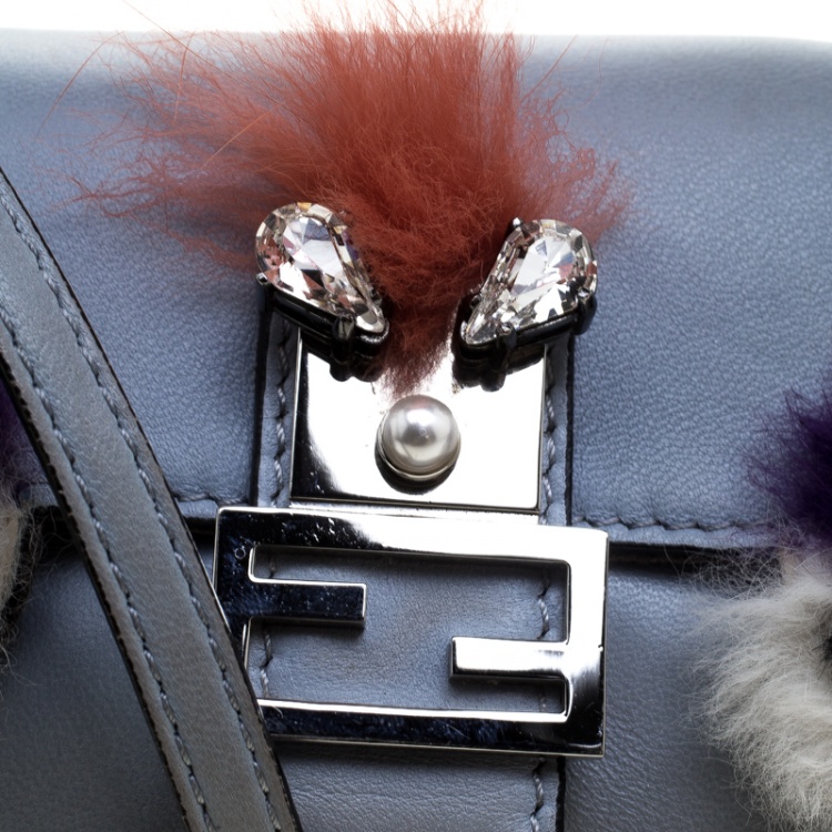 Pre Owned Fendi Light Blue Leather and Fur Trim Micro Baguette Shoulder Bag