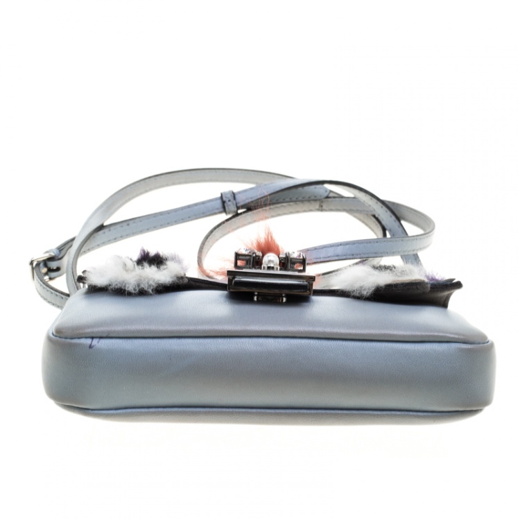 Pre Owned Fendi Light Blue Leather and Fur Trim Micro Baguette Shoulder Bag