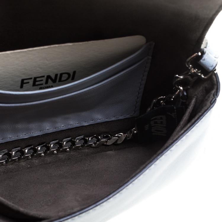 Pre Owned Fendi Light Blue Leather and Fur Trim Micro Baguette Shoulder Bag
