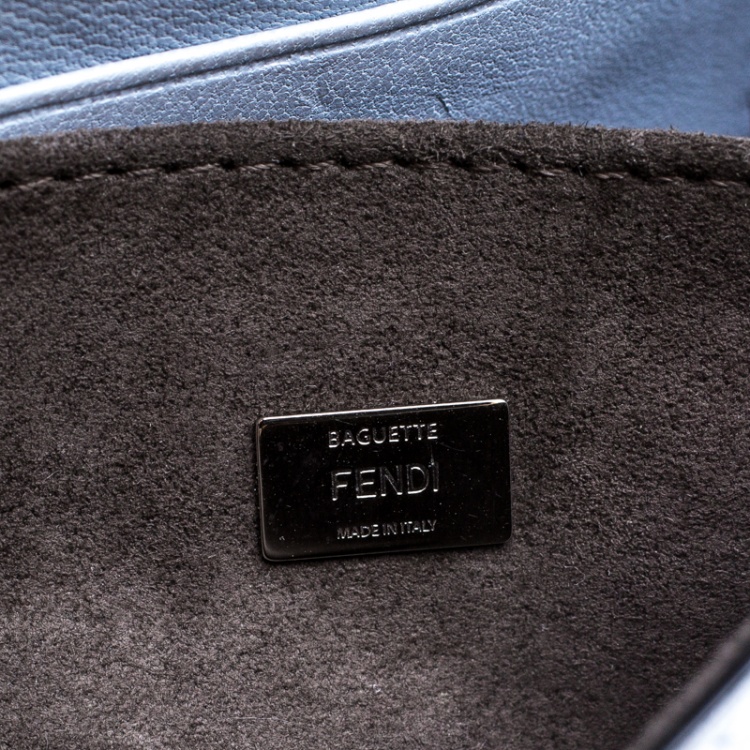 Pre Owned Fendi Light Blue Leather and Fur Trim Micro Baguette Shoulder Bag