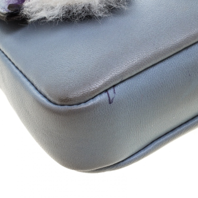 Pre Owned Fendi Light Blue Leather and Fur Trim Micro Baguette Shoulder Bag