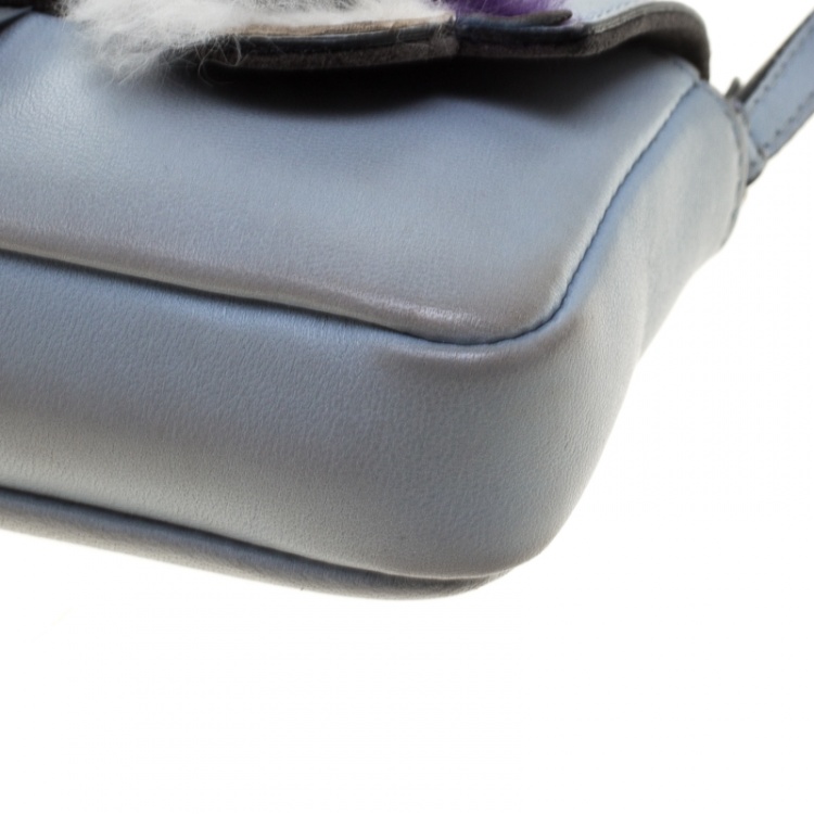 Fendi Light Blue Leather and Fur Trim Micro Baguette Shoulder Bag Fendi ...