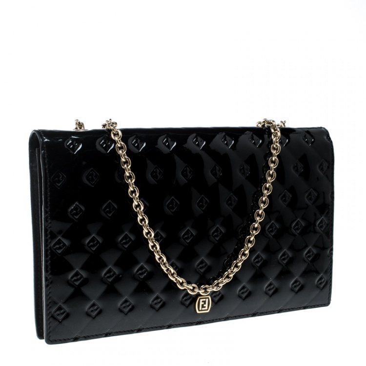 Pre Owned Fendi Black Patent Leather Fendilicious Wallet On Chain