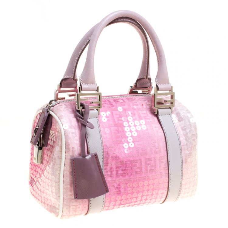 Pre Owned Fendi Pink Zucchino Canvas and Sequins Mini Forever Bauletto Boston Bag