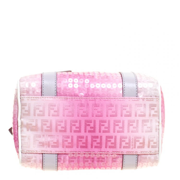Pre Owned Fendi Pink Zucchino Canvas and Sequins Mini Forever Bauletto Boston Bag