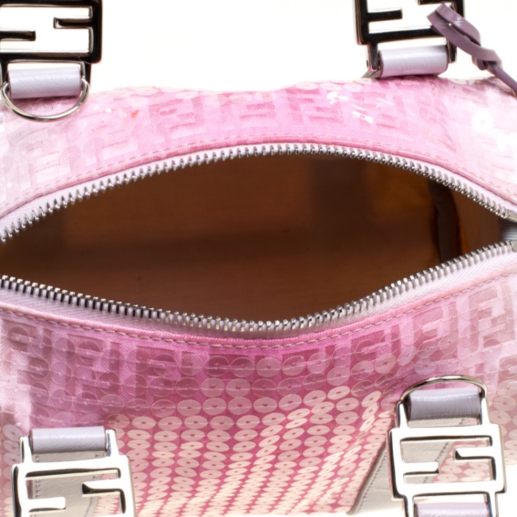 Pre Owned Fendi Pink Zucchino Canvas and Sequins Mini Forever Bauletto Boston Bag
