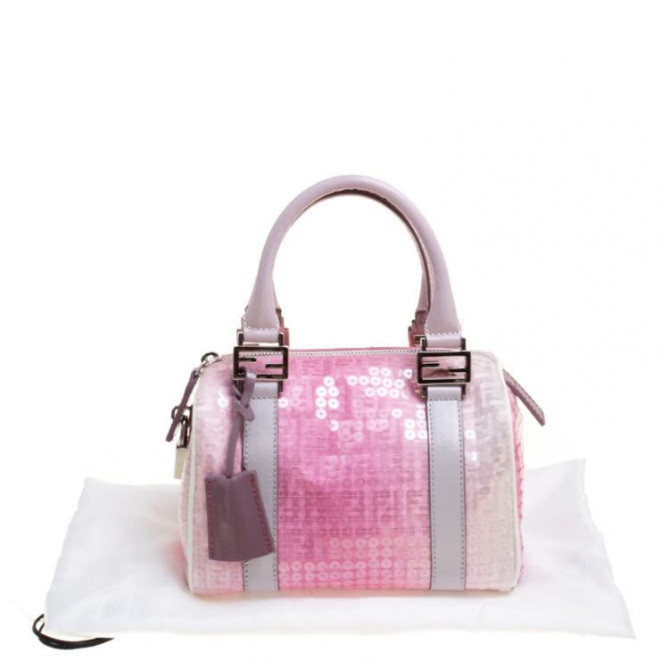 Pre Owned Fendi Pink Zucchino Canvas and Sequins Mini Forever Bauletto Boston Bag