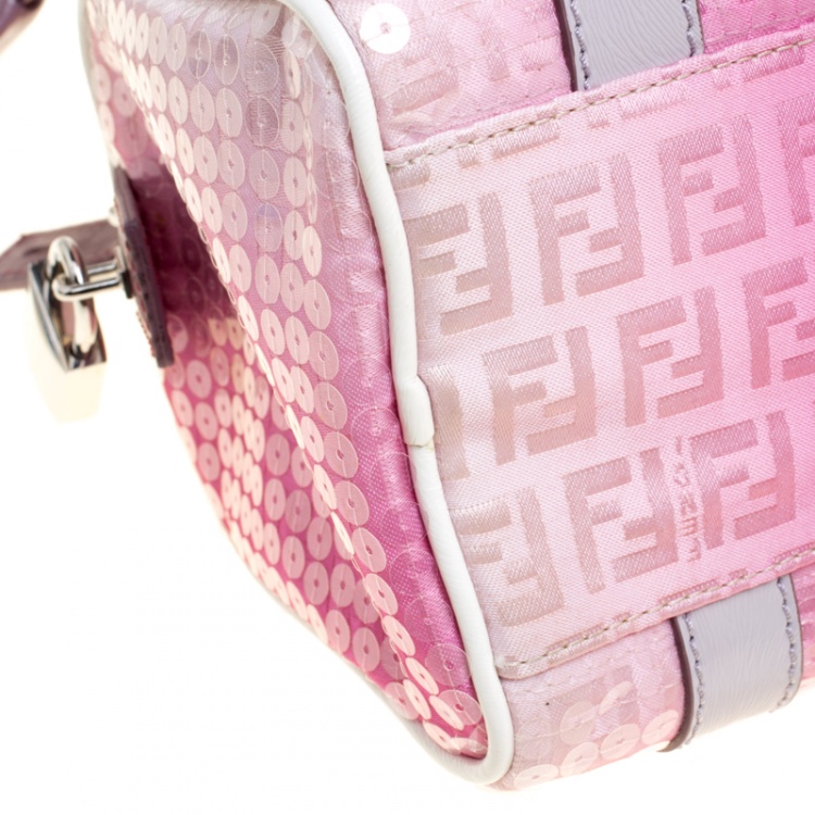 Pre Owned Fendi Pink Zucchino Canvas and Sequins Mini Forever Bauletto Boston Bag