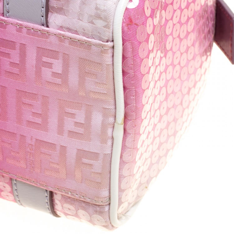 Pre Owned Fendi Pink Zucchino Canvas and Sequins Mini Forever Bauletto Boston Bag