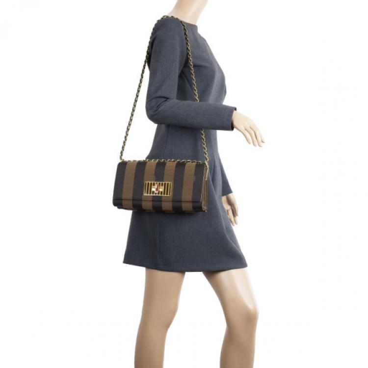 Fendi 70s Pequin Pattern Shoulder Pochette Bag Brown