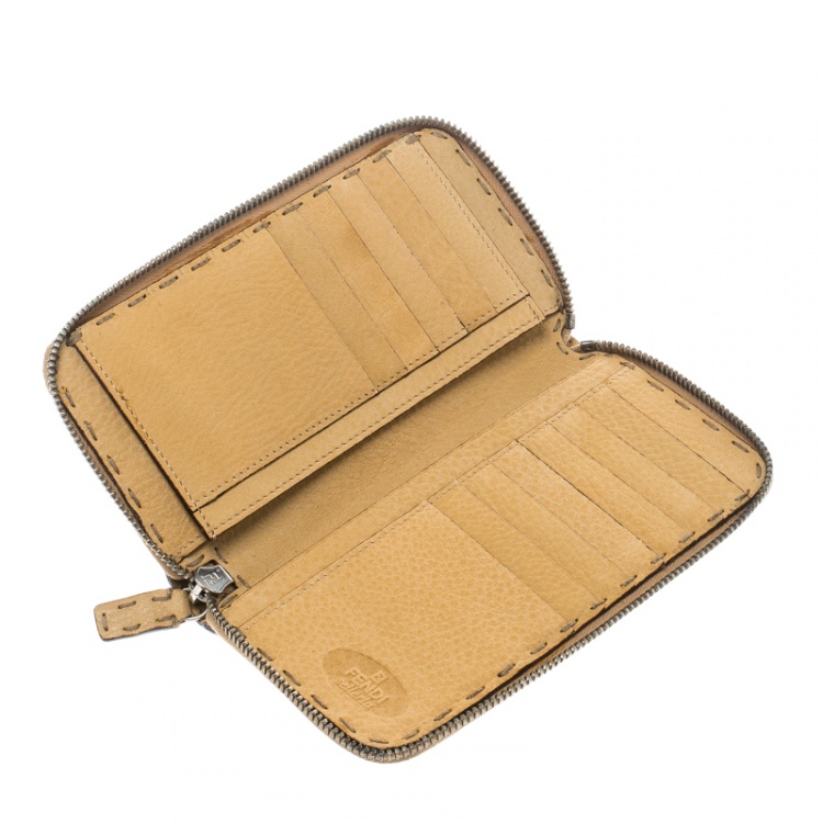 Pre Owned Fendi Tan Selleria Leather Zip Around Wallet