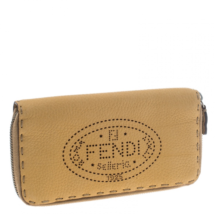 Pre Owned Fendi Tan Selleria Leather Zip Around Wallet