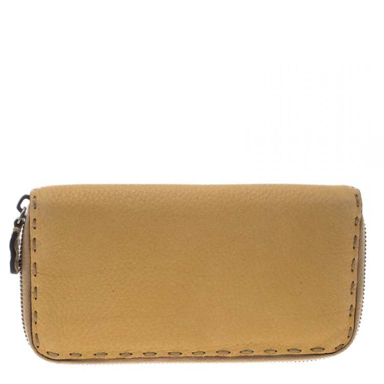 Pre Owned Fendi Tan Selleria Leather Zip Around Wallet