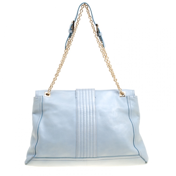 Pre Owned Fendi Tale Blue Leather Maxi Baguette Flap Shoulder Bag