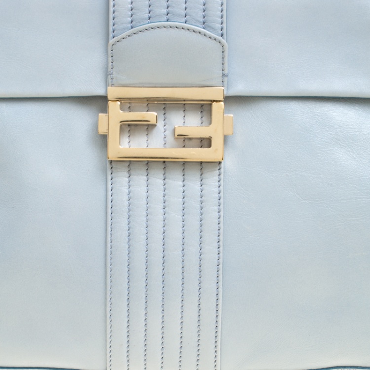 Pre Owned Fendi Tale Blue Leather Maxi Baguette Flap Shoulder Bag