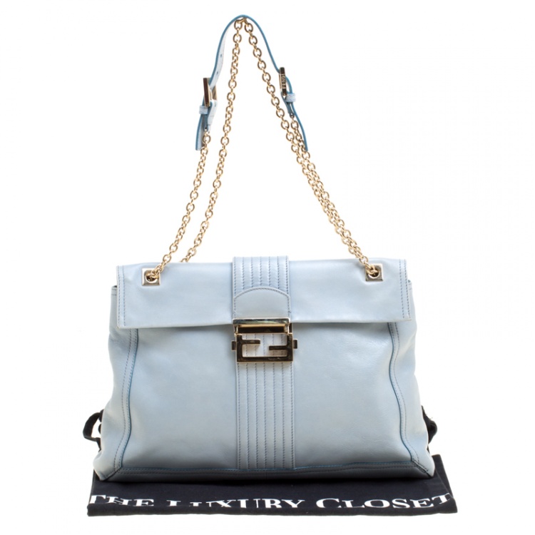 Pre Owned Fendi Tale Blue Leather Maxi Baguette Flap Shoulder Bag