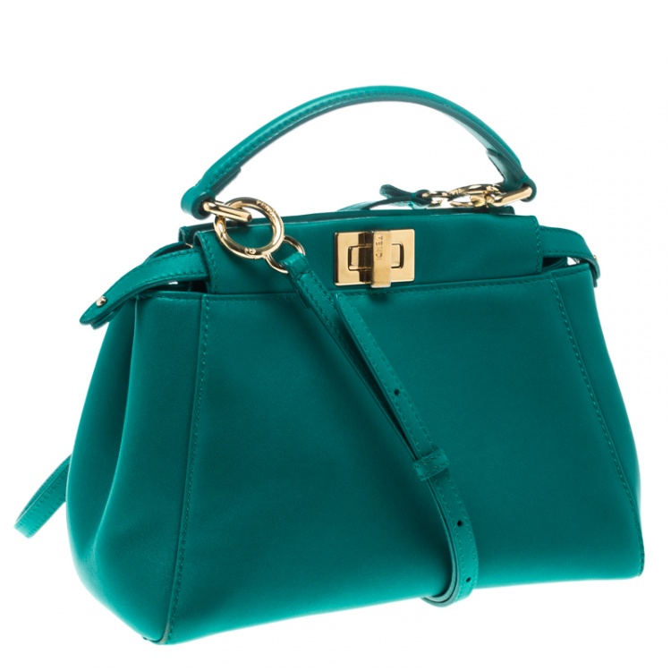 Pre Owned Fendi Green Leather Mini Peekaboo Top Handle Bag