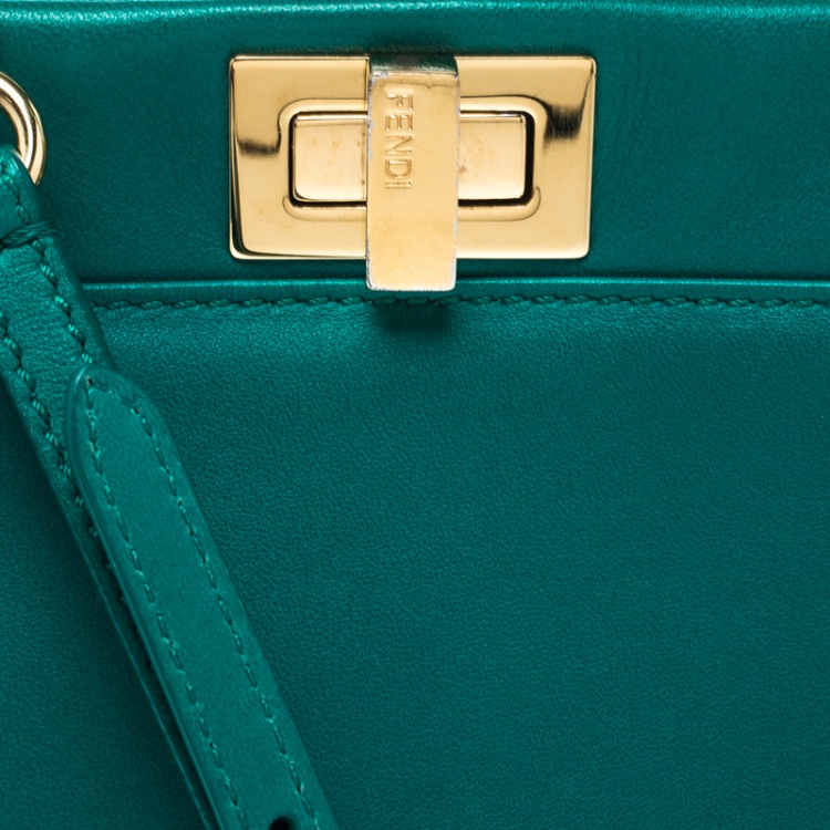 Pre Owned Fendi Green Leather Mini Peekaboo Top Handle Bag