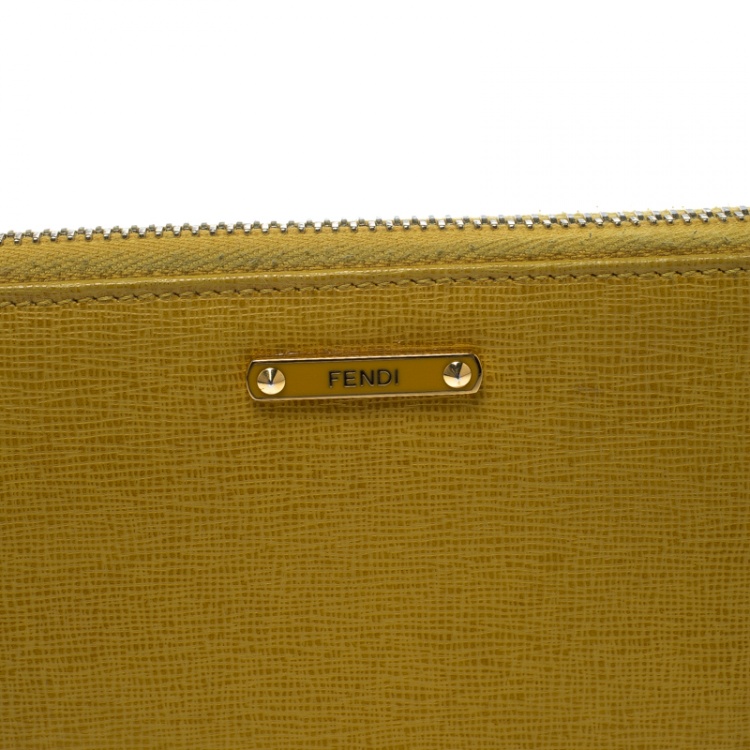 Pre Owned Fendi Yellow Leather Zip Around Wallet 