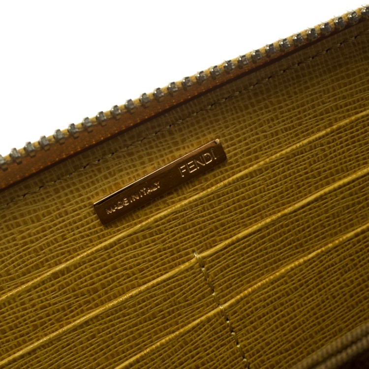 Pre Owned Fendi Yellow Leather Zip Around Wallet 