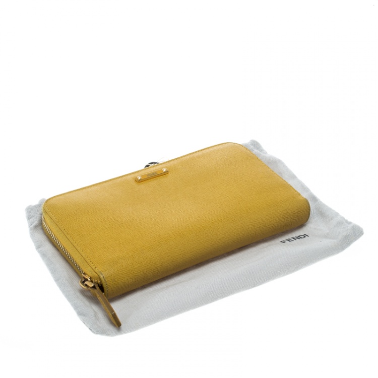 Pre Owned Fendi Yellow Leather Zip Around Wallet 