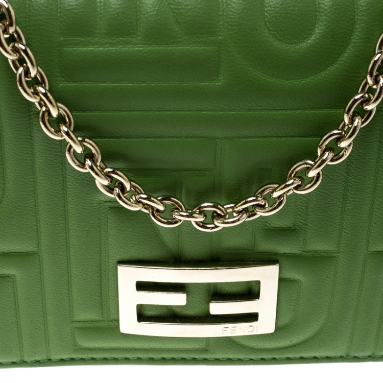 Pre Owned Fendi Green Embossed Leather Chain Wallet