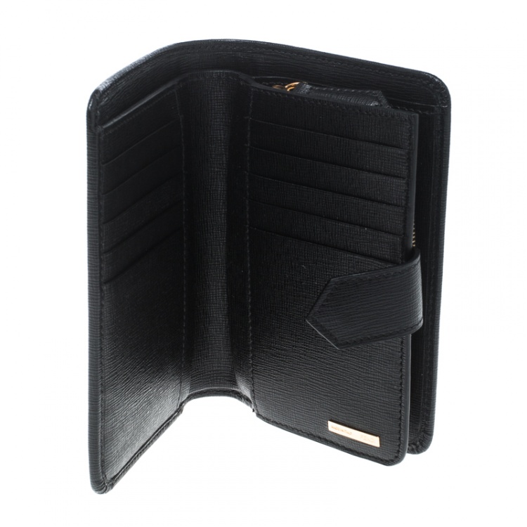 Pre Owned Fendi Black Leather Compact Zip Wallet
