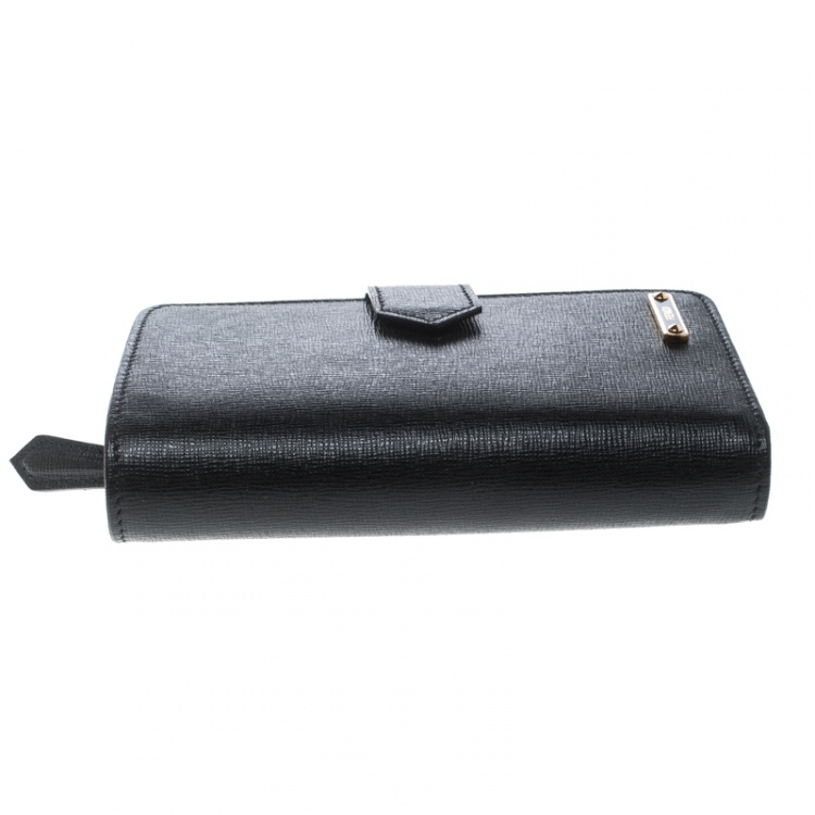 Pre Owned Fendi Black Leather Compact Zip Wallet