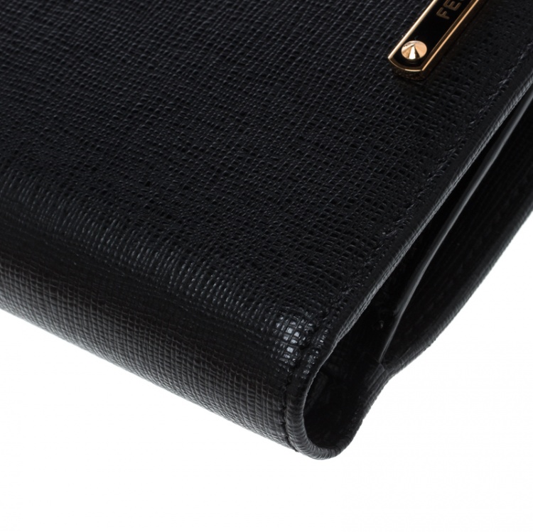 Pre Owned Fendi Black Leather Compact Zip Wallet