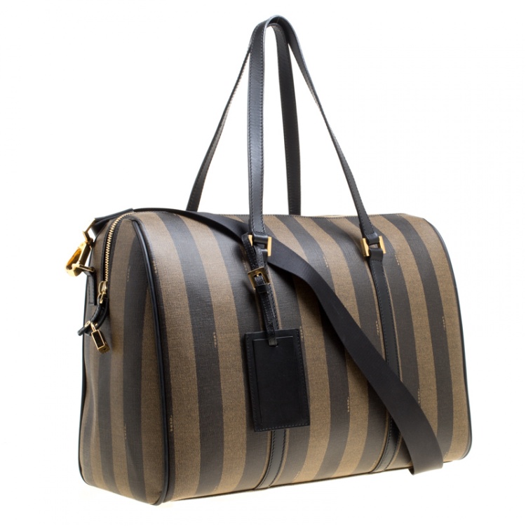 Pre Owned Fendi Black and Tobacco Striped Coated Canvas Spalmati Duffel Bag