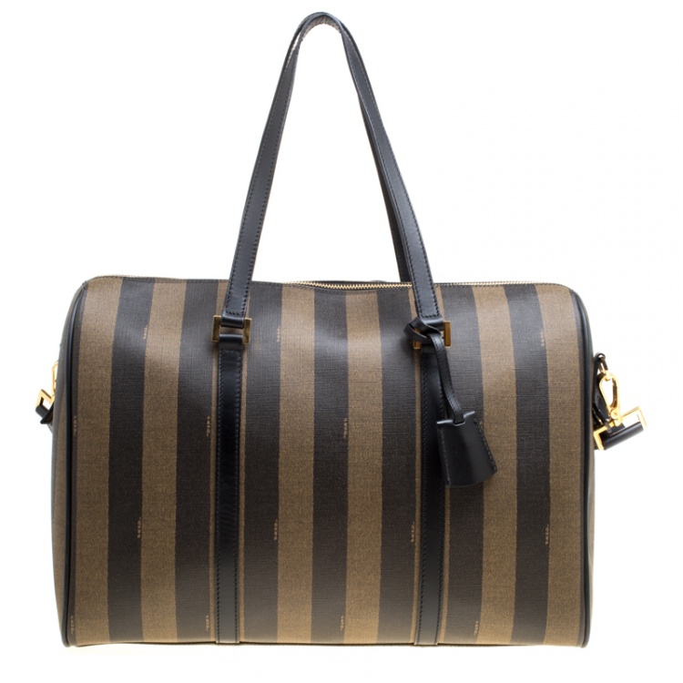 Pre Owned Fendi Black and Tobacco Striped Coated Canvas Spalmati Duffel Bag