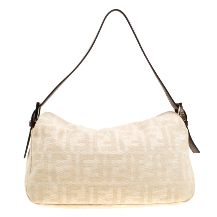 Pre Owned Fendi Beige/Brown Zucca Canvas and Leather Baguette Shoulder Bag
