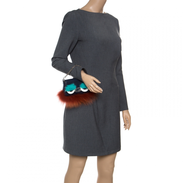 Pre Owned Fendi Blue Leather/Multicolor Fur Trim Micro Baguette Pouch
