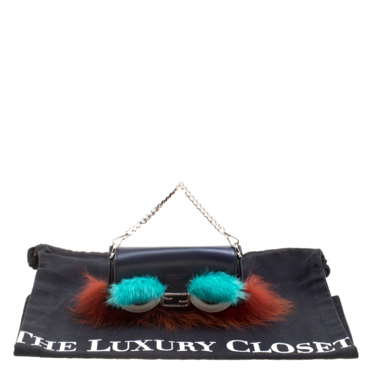 Pre Owned Fendi Blue Leather/Multicolor Fur Trim Micro Baguette Pouch